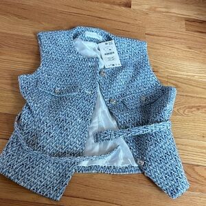 Zara Light Blue Tweed Vest with Belt